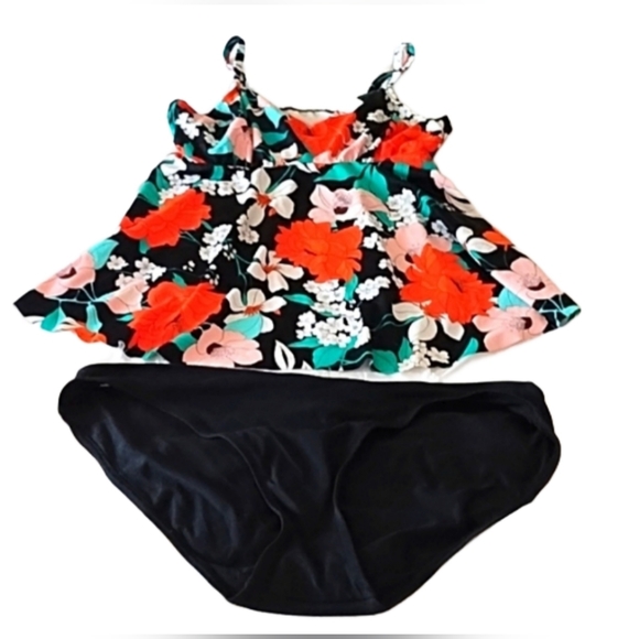 Other - 2 PC TANKINI BLACK FLORAL BATHING SUIT SZ 14